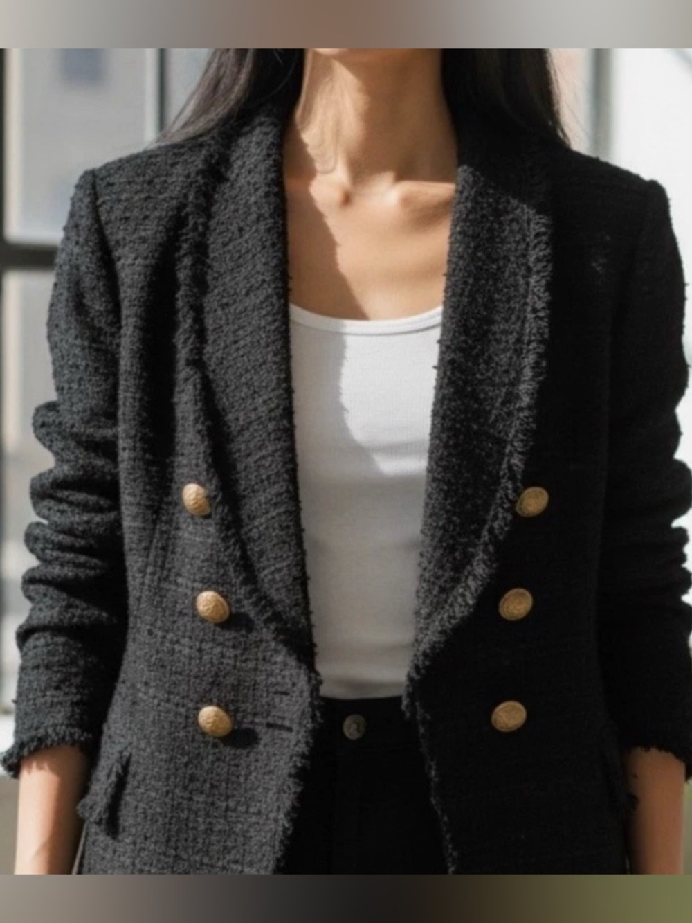 Zara woman Black Tweed Double-Breasted Blazer with Gold Buttons Size L